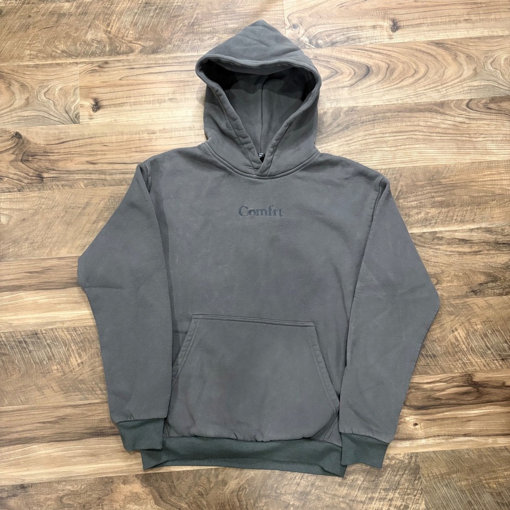 Vintage Y2K Hoodie Comfrt Era Logo Mens S Grey Oversized Fleece Sweatshirt